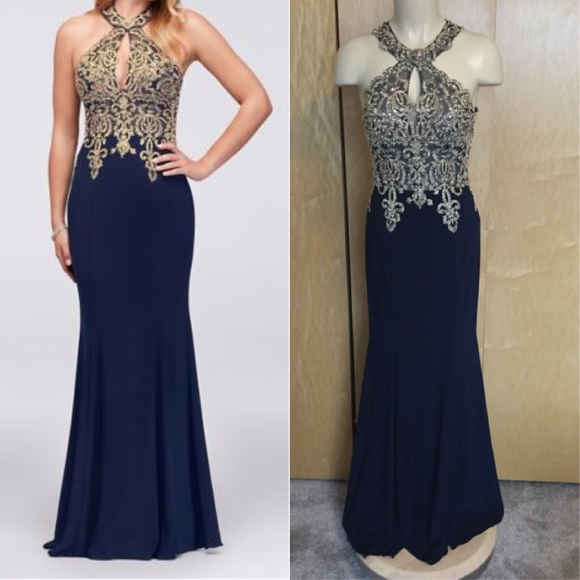 metallic lace and jersey round neck halter gown